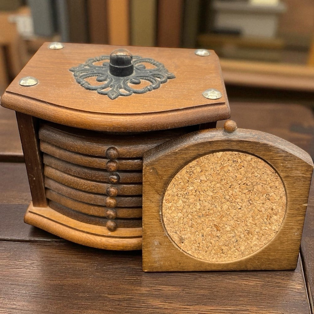Vtg Wood and Cork Coaster Set of 8 with Wooden Box Holder Prop Man Cave Lodge